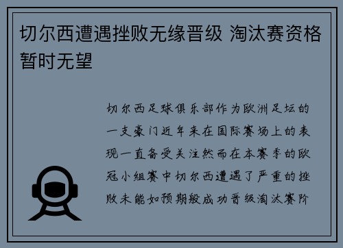 切尔西遭遇挫败无缘晋级 淘汰赛资格暂时无望