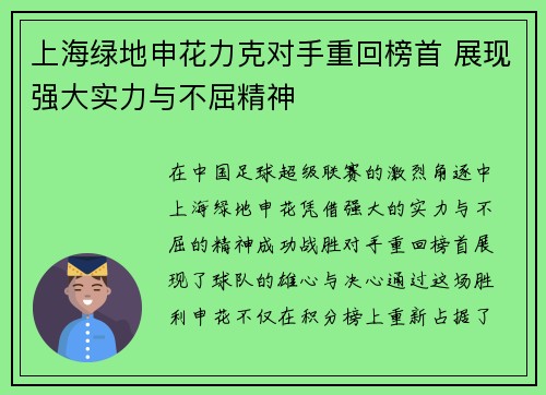 上海绿地申花力克对手重回榜首 展现强大实力与不屈精神