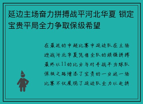 延边主场奋力拼搏战平河北华夏 锁定宝贵平局全力争取保级希望