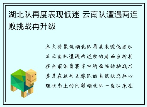 湖北队再度表现低迷 云南队遭遇两连败挑战再升级