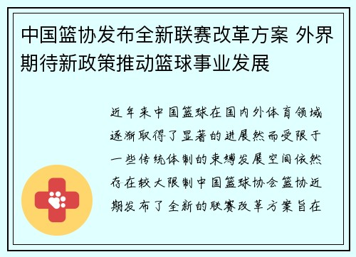 中国篮协发布全新联赛改革方案 外界期待新政策推动篮球事业发展